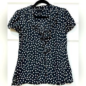 White House Black Market 100% Silk Black White Polka Dot Button Down Shirt Sz 4